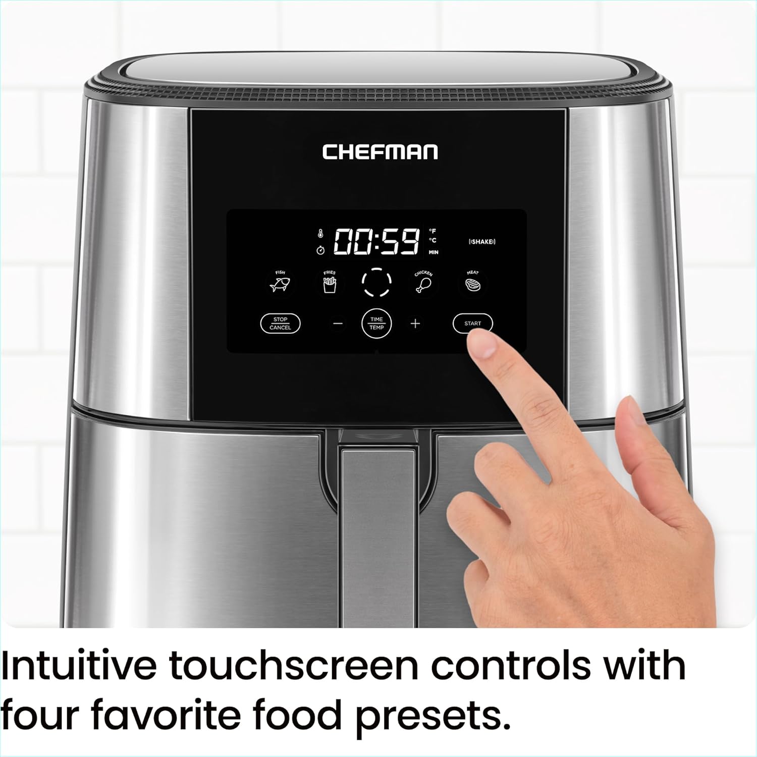 Chefman TurboFry Touch control panel being pressed