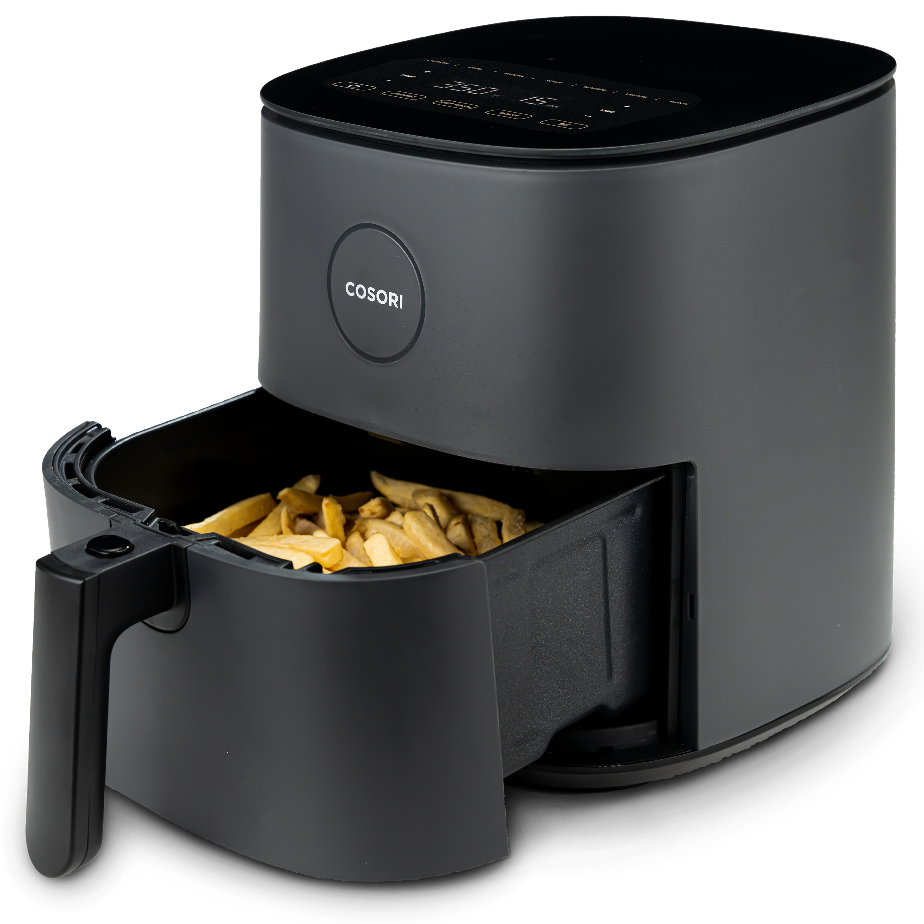 Cosori Pro LE air fryer basket pulled out with fries
