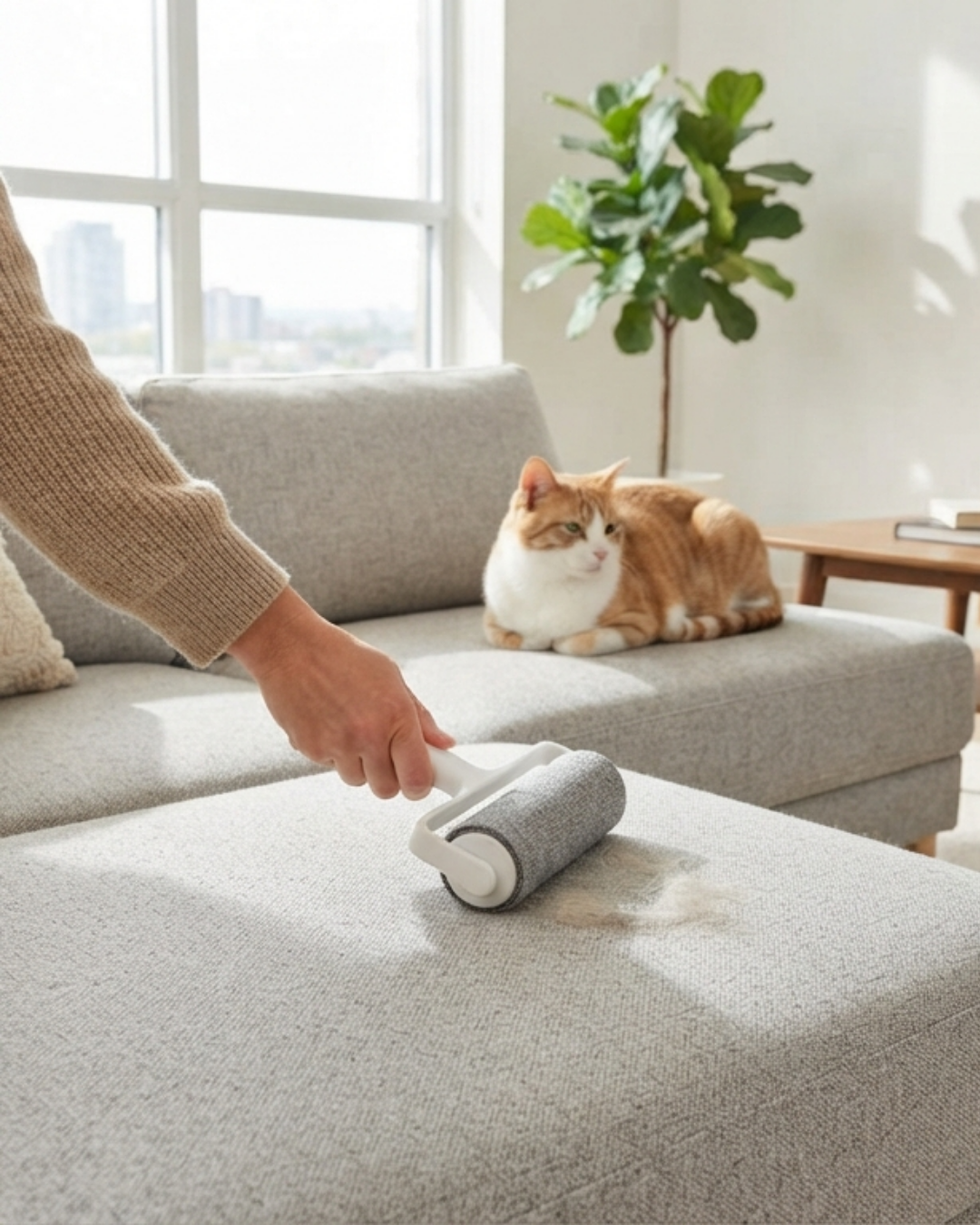 Reusable pet hair roller cleaning a light fabric sofa beside a cat