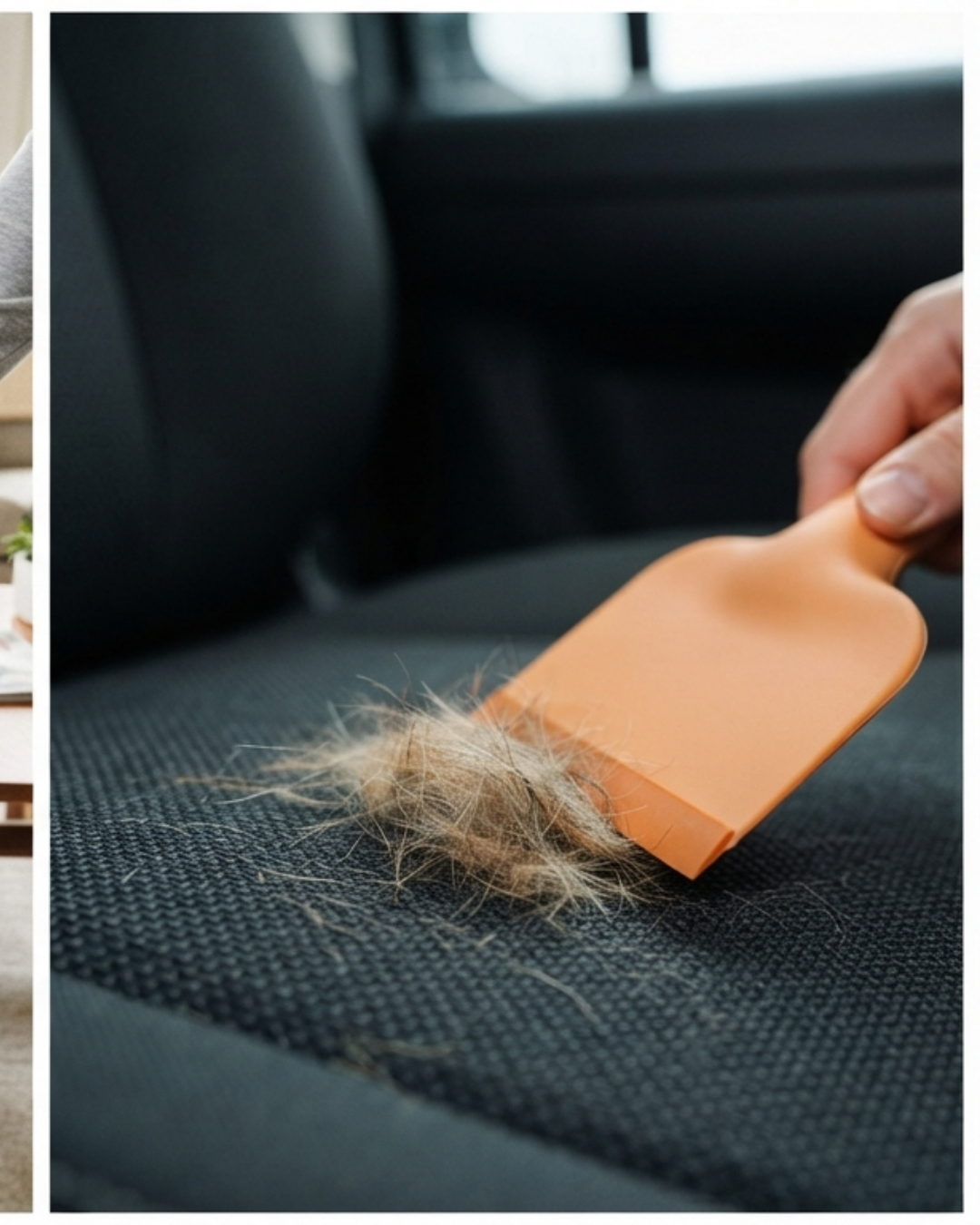 Rubber pet hair tool gathering dog fur from a dark car seat