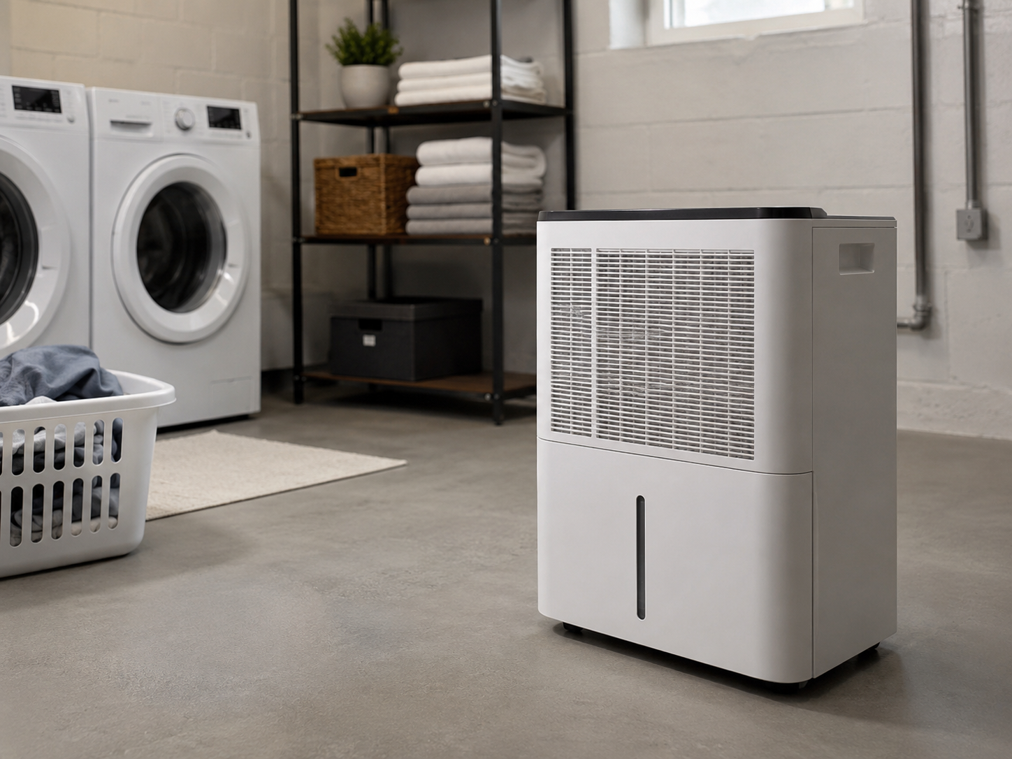 50-pint dehumidifier in a clean basement laundry room