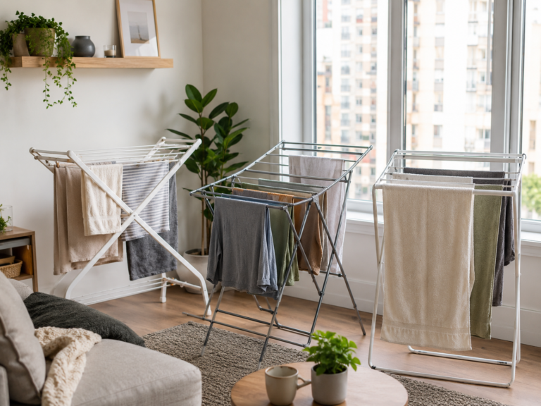 Generic indoor drying racks with towels and clothing in a bright apartment living area near large windows