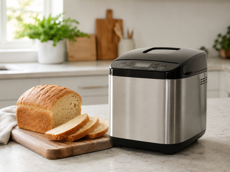 Generic bread maker on a kitchen counter beside a fresh loaf of bread and sliced pieces