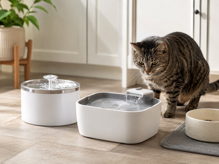 Generic cat water fountains on a kitchen floor with visible flowing water while a tabby cat approaches nearby