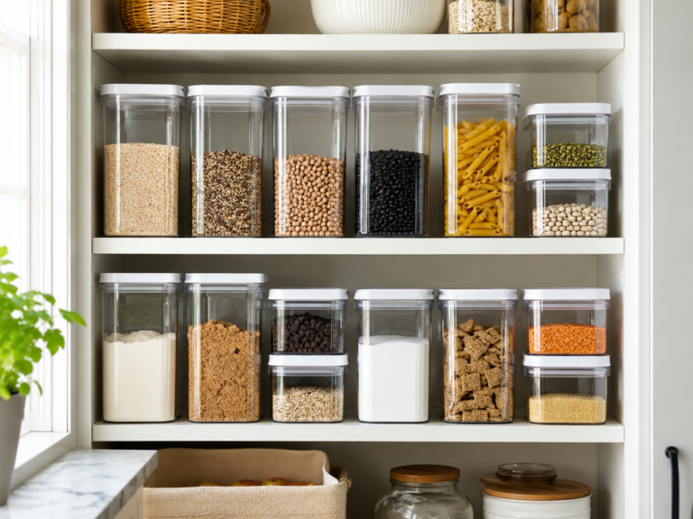 Clear generic pantry containers with dry goods arranged on an organized kitchen pantry shelf