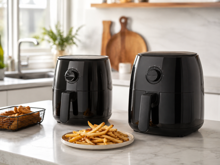 Generic compact air fryers on a kitchen counter with cooked fries and snacks nearby