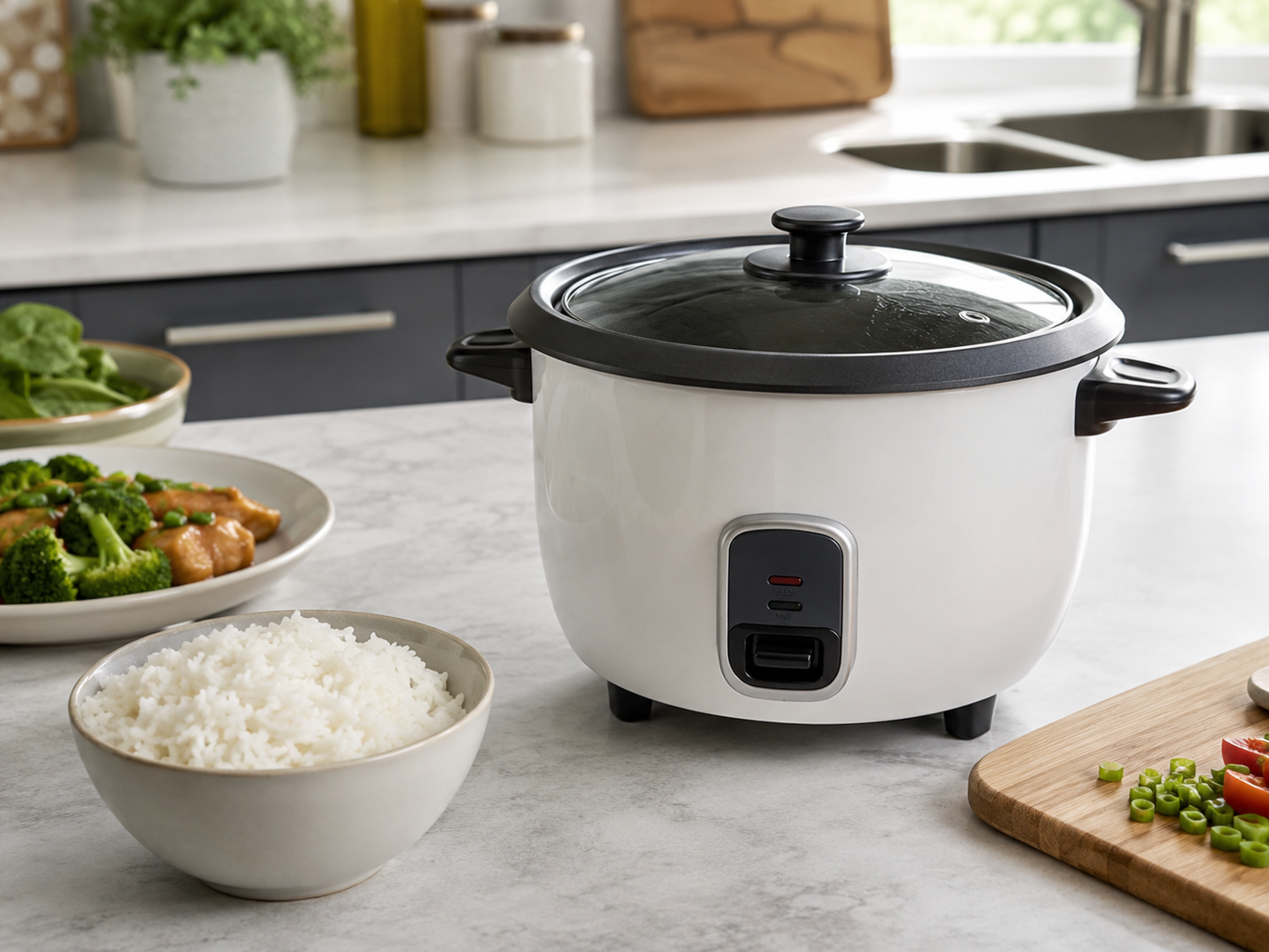 Generic compact rice cooker with cooked rice and meal preparation on a kitchen counter