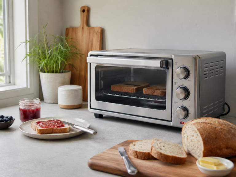 Generic compact countertop toaster oven on a kitchen counter with toast bread jam and breakfast prep