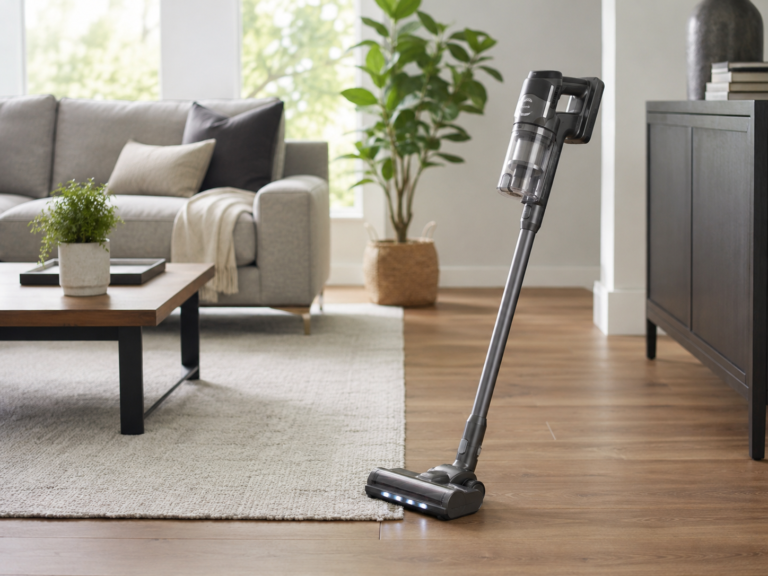 Generic cordless stick vacuum on a hard floor beside an area rug in a tidy living room