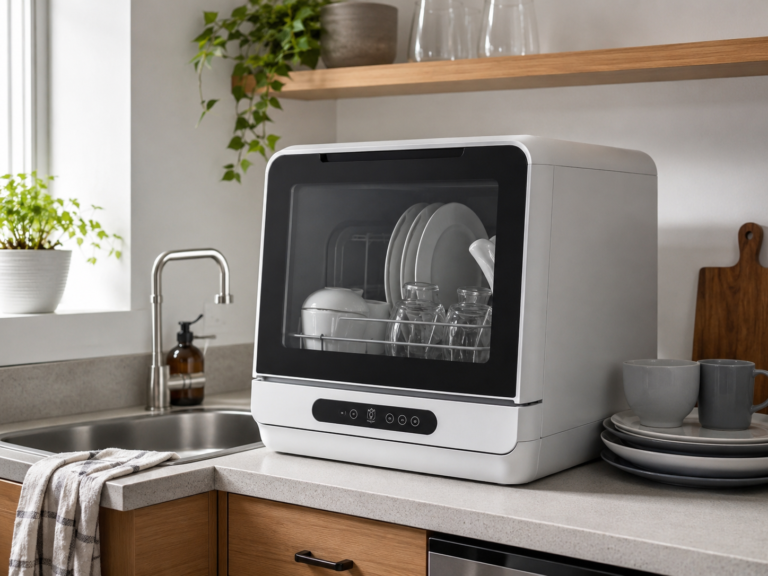 Generic countertop dishwasher on a kitchen counter near a sink with dishes in a small kitchen setup