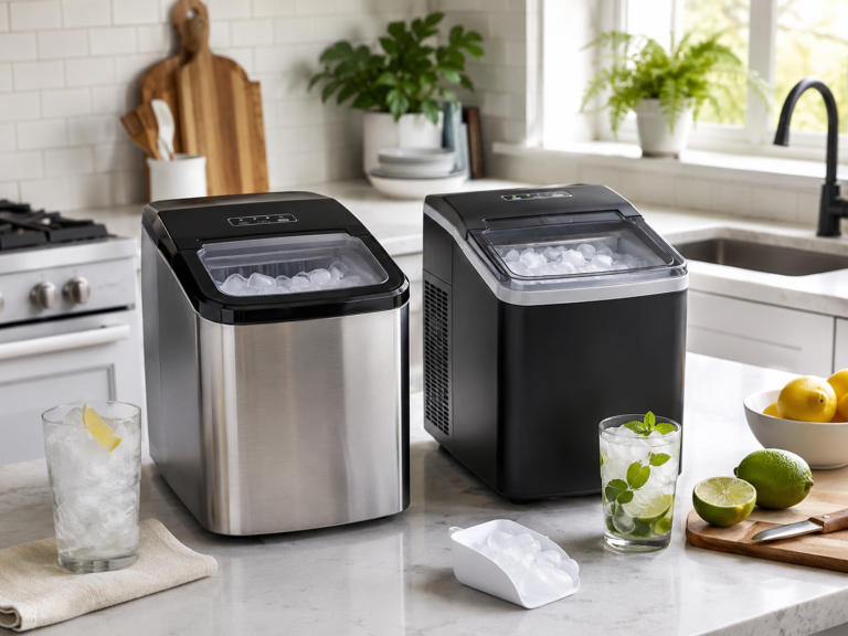 Generic countertop ice makers on a bright kitchen counter with clear lids ice scoop and glasses of iced drinks nearby