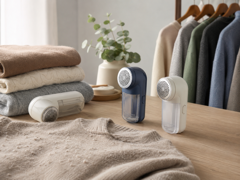 Generic fabric shavers on a wooden tabletop with a pilled sweater folded knitwear and clothing rack nearby