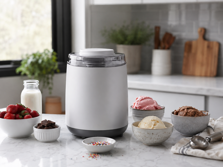 Generic frozen dessert maker on a kitchen counter with bowls of ice cream fruit chocolate and sprinkles nearby