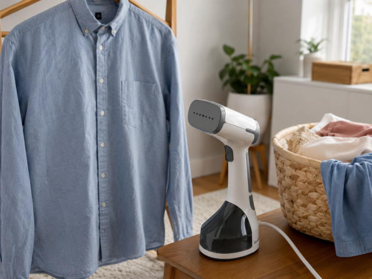 Generic handheld garment steamer beside a hanging shirt and laundry basket in a clean home laundry corner