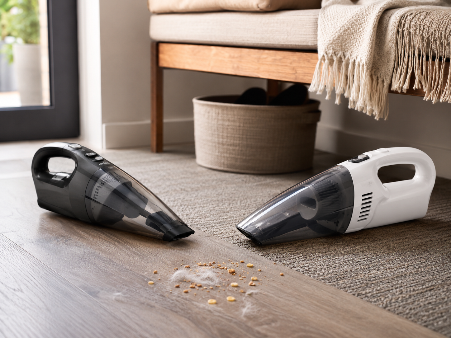 Two generic handheld vacuums on an entryway floor near crumbs and pet hair with a bench and rug in the background