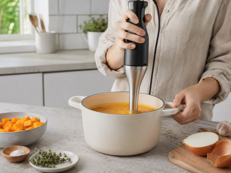 Generic immersion hand blender blending soup in a pot on a kitchen counter with vegetables nearby