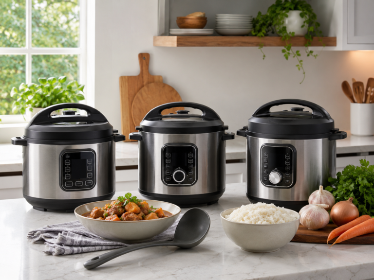Three generic stainless steel electric multi-cookers on a modern kitchen counter with rice stew and ingredients nearby