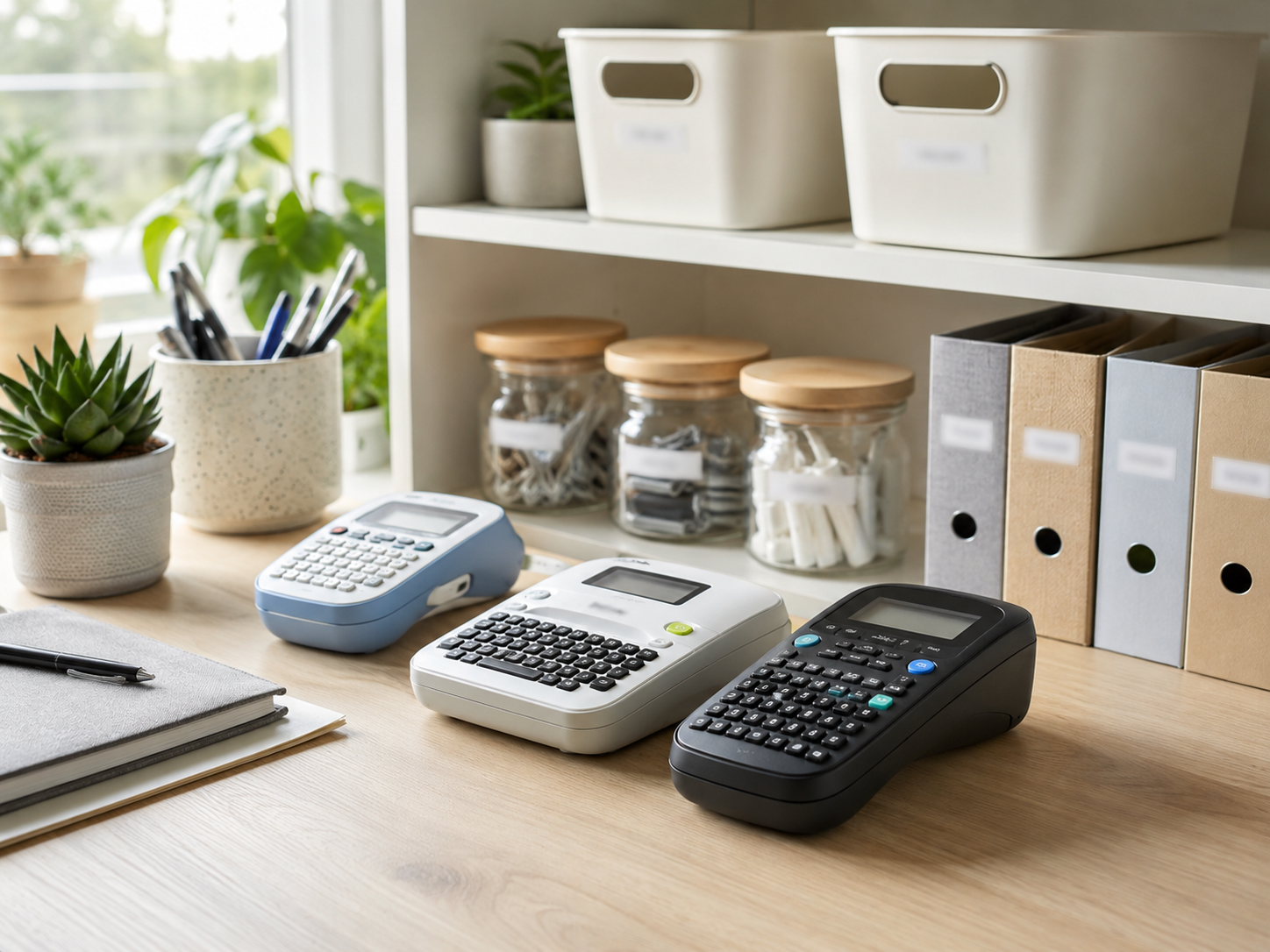 Label makers and organized home office supplies illustrating keyboard app and refill choices