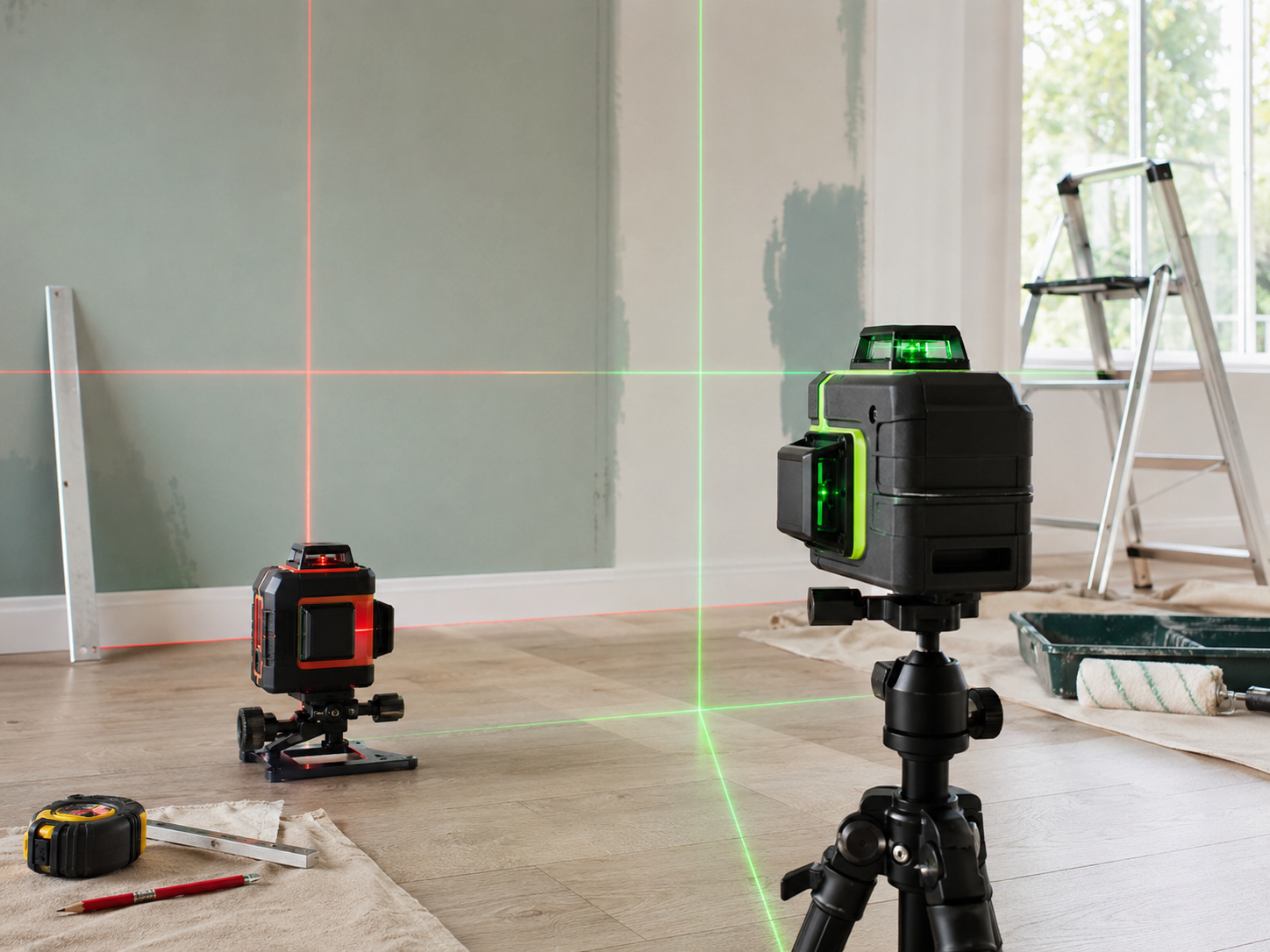 Generic cross-line laser levels projecting red and green guide lines across a partially painted renovation room with tools and ladder nearby