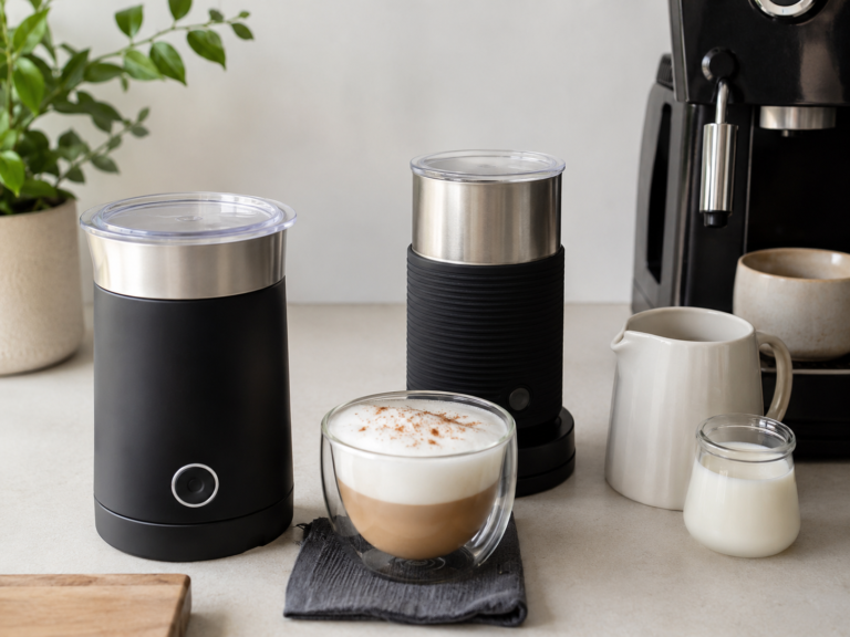 Generic milk frothers on a coffee station with cappuccino cup milk pitcher and foam