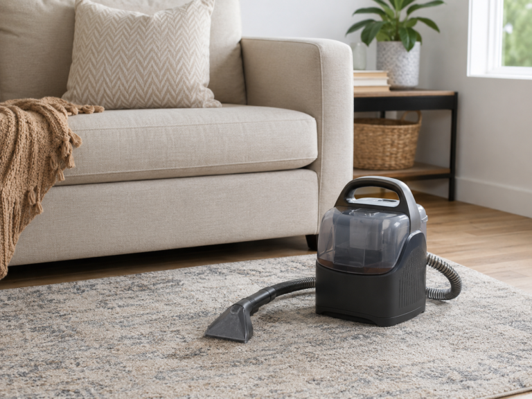 Generic portable carpet and upholstery spot cleaner beside a sofa and area rug in a clean living room