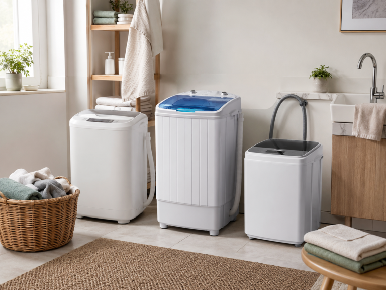 Generic portable washing machines in a bright apartment laundry or bathroom corner with towels basket sink and hoses nearby