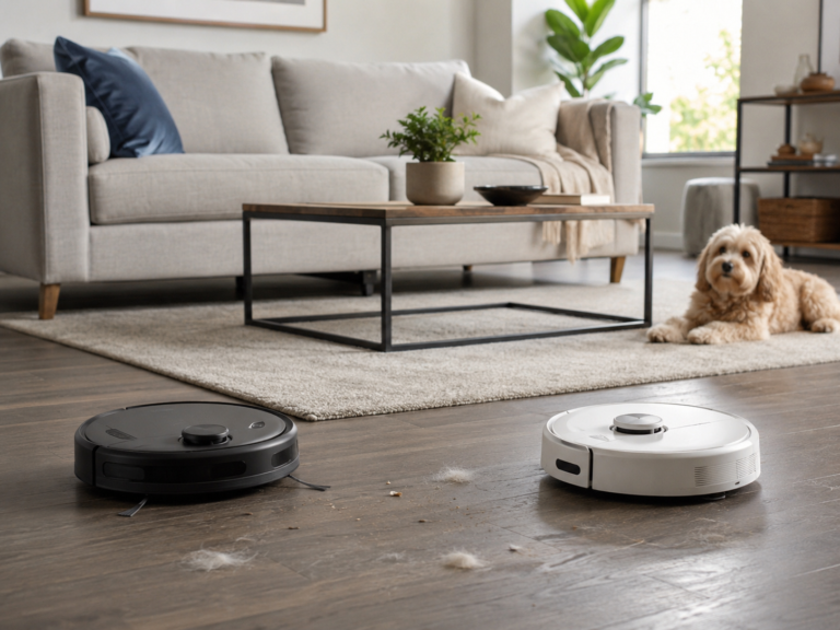 Two generic robot vacuums on a living room floor with a rug sofa small dog and visible pet hair nearby