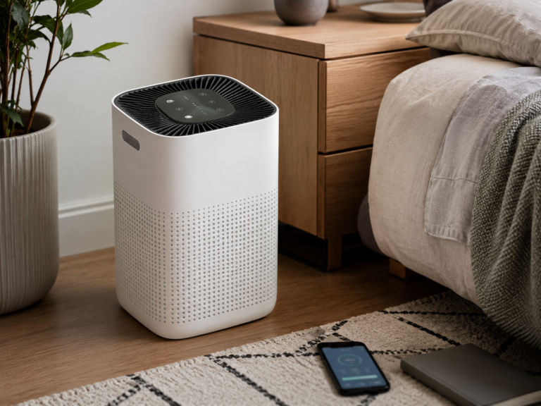 Close-up of a generic compact air purifier near a bed with top controls and a blurred phone screen