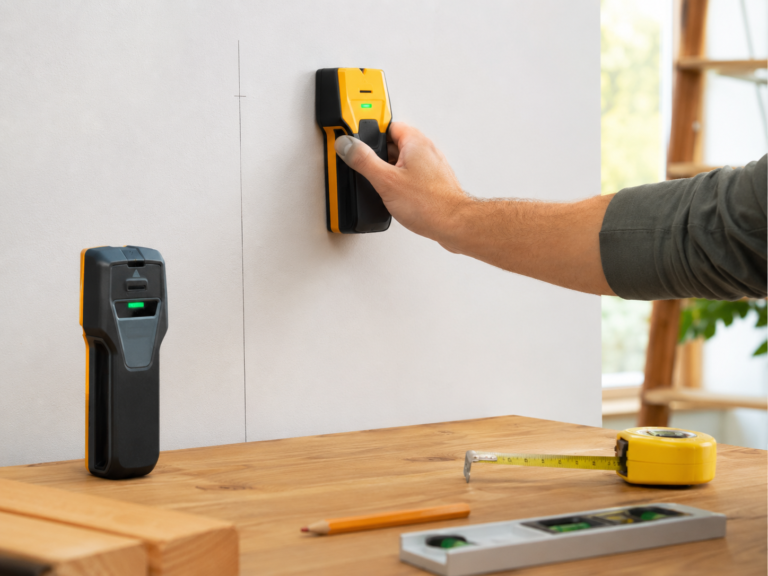 Generic stud finders used on a plain interior wall with measuring tape pencil level and simple DIY tools nearby