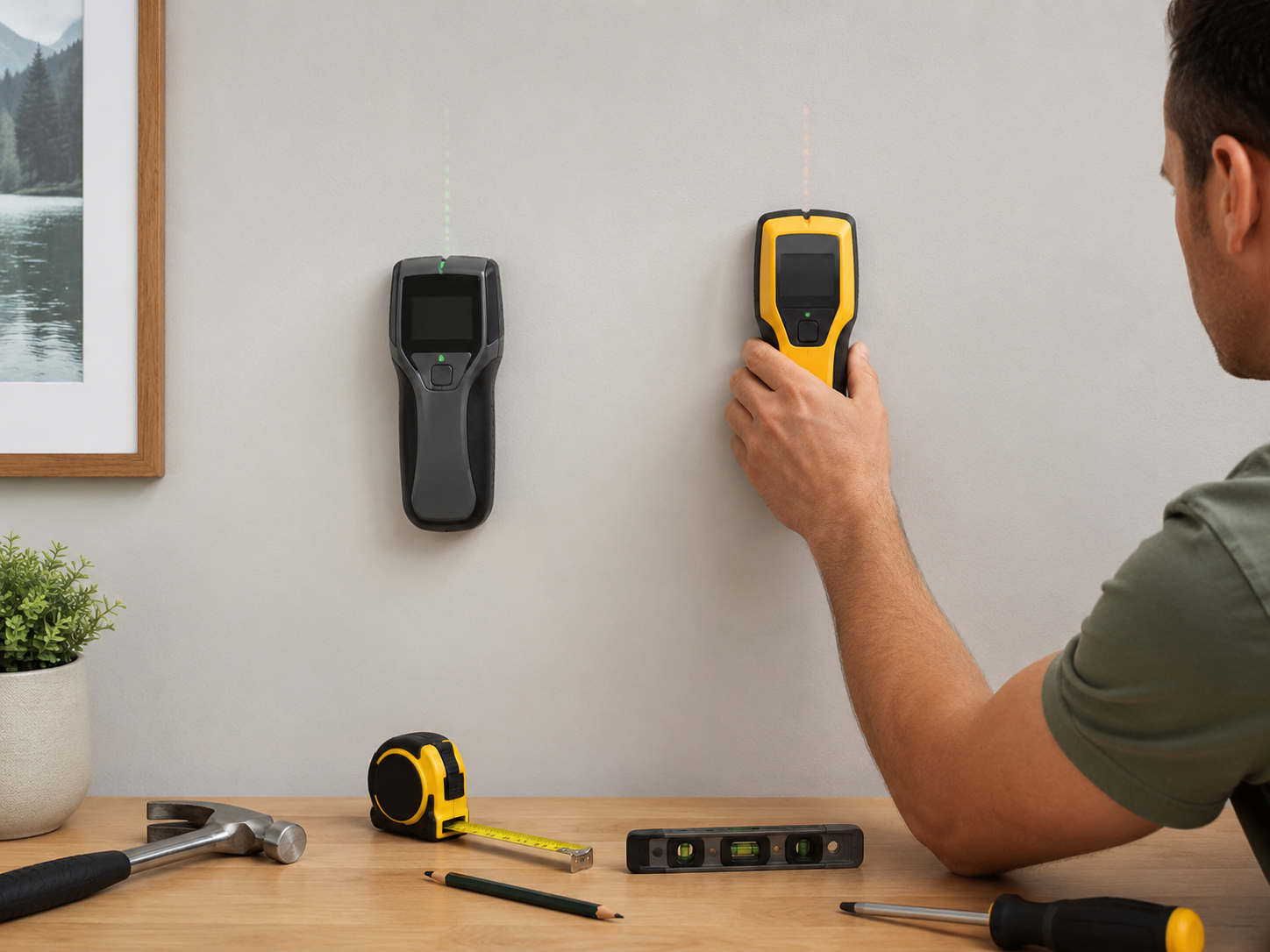 Generic stud finders on a plain interior wall with measuring tape pencil level hammer and screwdriver nearby in a home DIY setup
