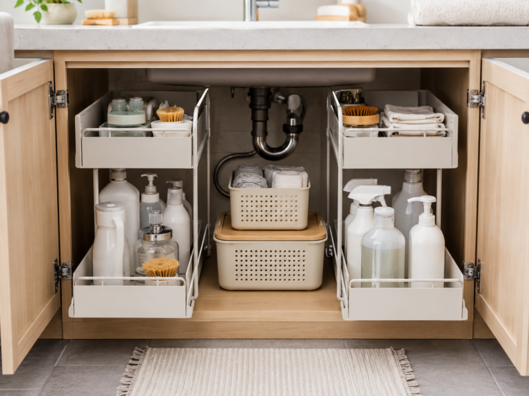 Organized under-sink cabinet with generic pull-out shelves cleaning bottles cloths baskets and visible sink plumbing