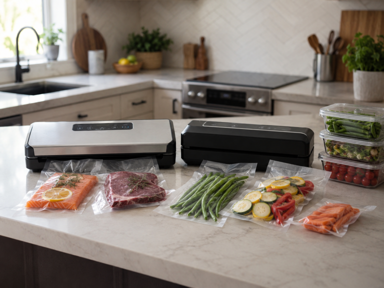 Generic vacuum sealers on a modern kitchen counter with sealed fish meat vegetables and meal prep containers nearby