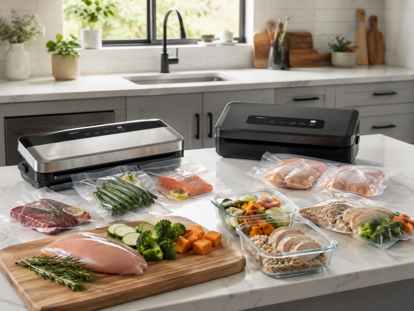 Generic countertop vacuum sealers on a modern kitchen counter with sealed food bags meat vegetables and meal-prep containers nearby