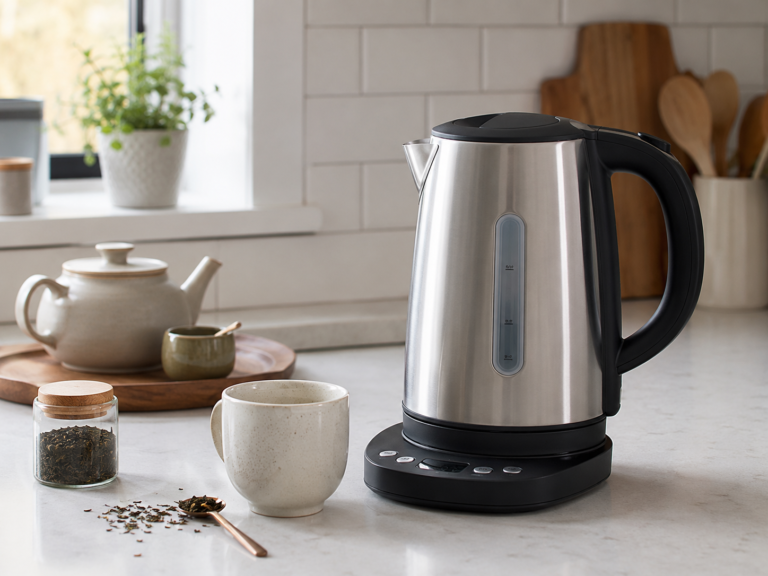 Generic variable-temperature electric kettle on a kitchen counter with tea cup loose tea and teapot