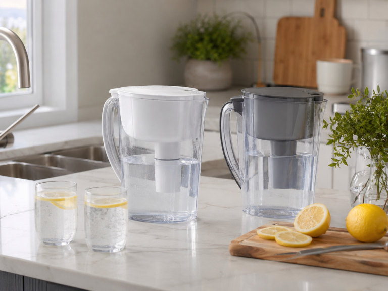Generic water filter pitchers on a bright kitchen counter with glasses of water lemon slices sink and clean kitchen background