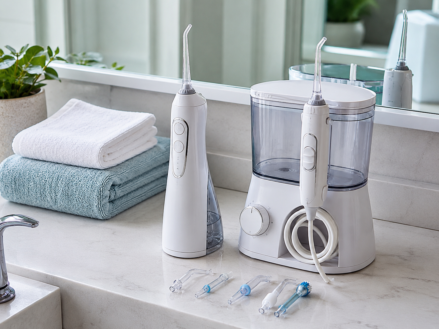 Generic cordless and countertop water flossers on a clean bathroom counter with towels mirror and interchangeable tips nearby