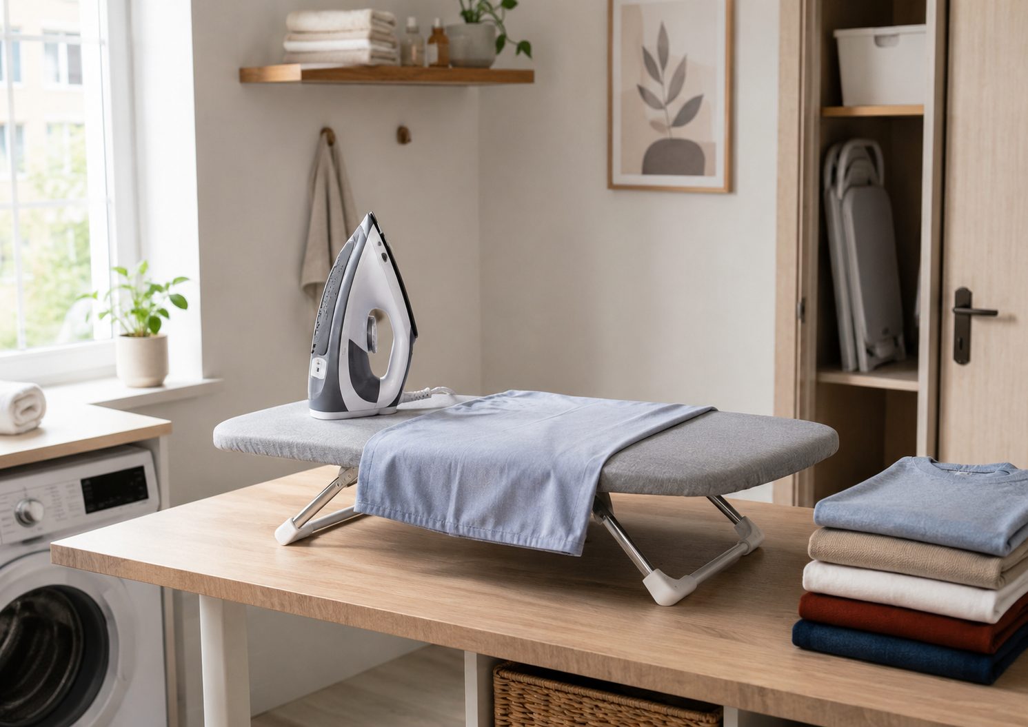 Compact tabletop ironing board with an iron and folded clothes in a bright organized apartment laundry area