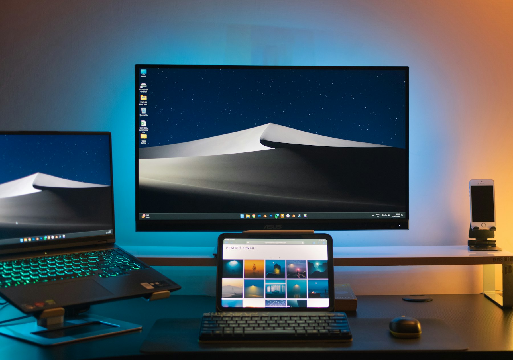 Laptop and accessories arranged on a compact desk