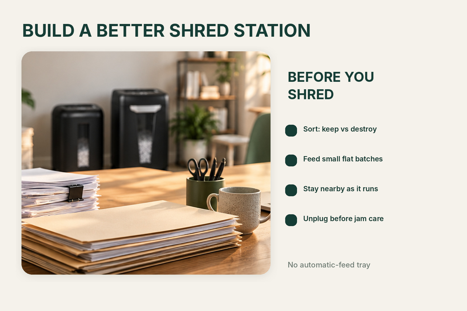 Editorial illustration of a safe shredding station with sorted papers, supervision and unplugging before jam care.