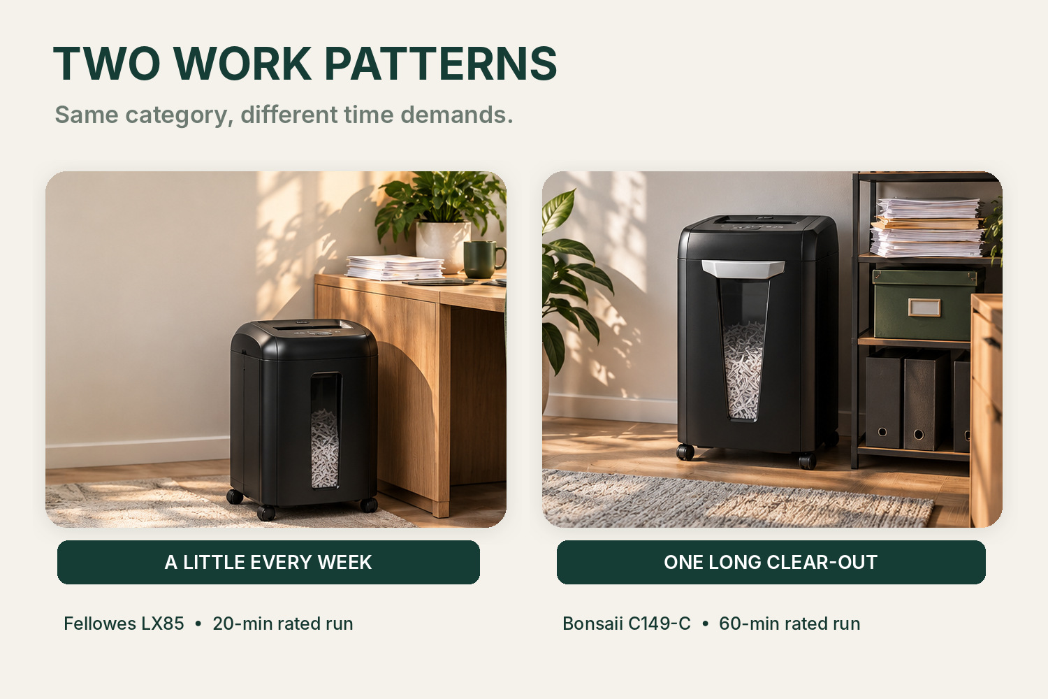 Editorial illustration comparing weekly paperwork batches and a longer attended clear-out.