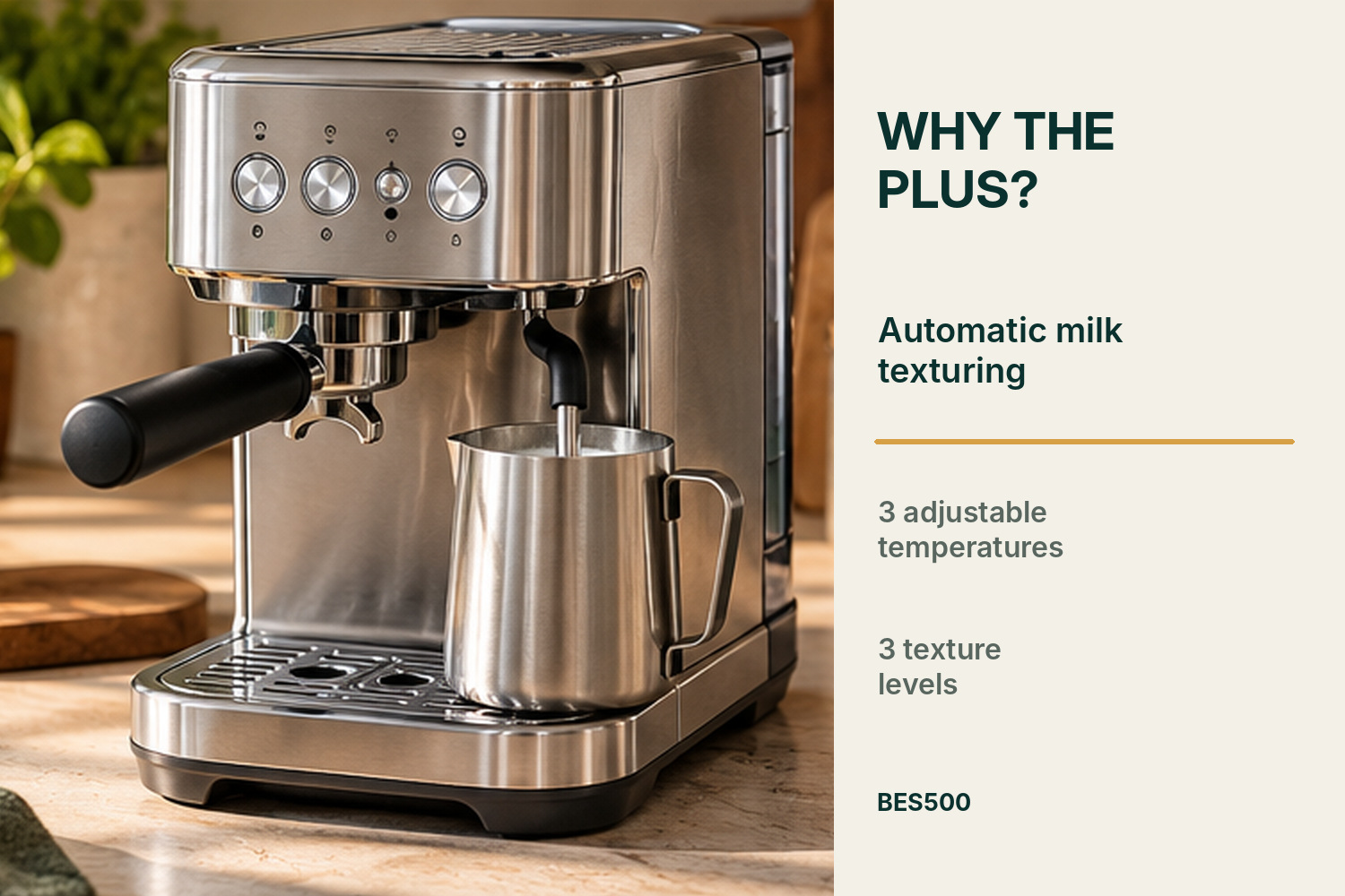 Editorial illustration of Bambino Plus with a milk jug and its automatic milk-texturing feature.